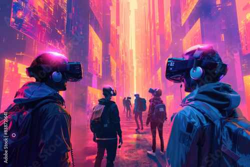 Enthusiasts with VR headsets explore a vibrant digital landscape © Venka