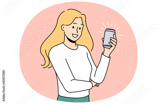 Woman with soda in aluminum can wants to get intimate with cold lemonade or beer drink. Young happy girl with metal can filled with delicious soda smiles offering to quench thirst.