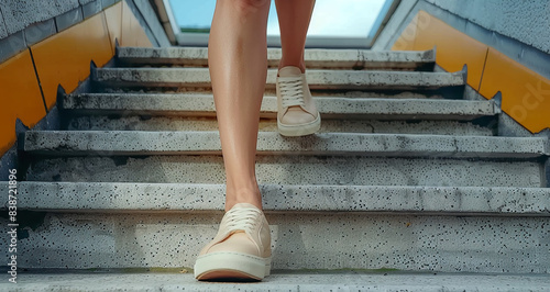 woman walking down stairs