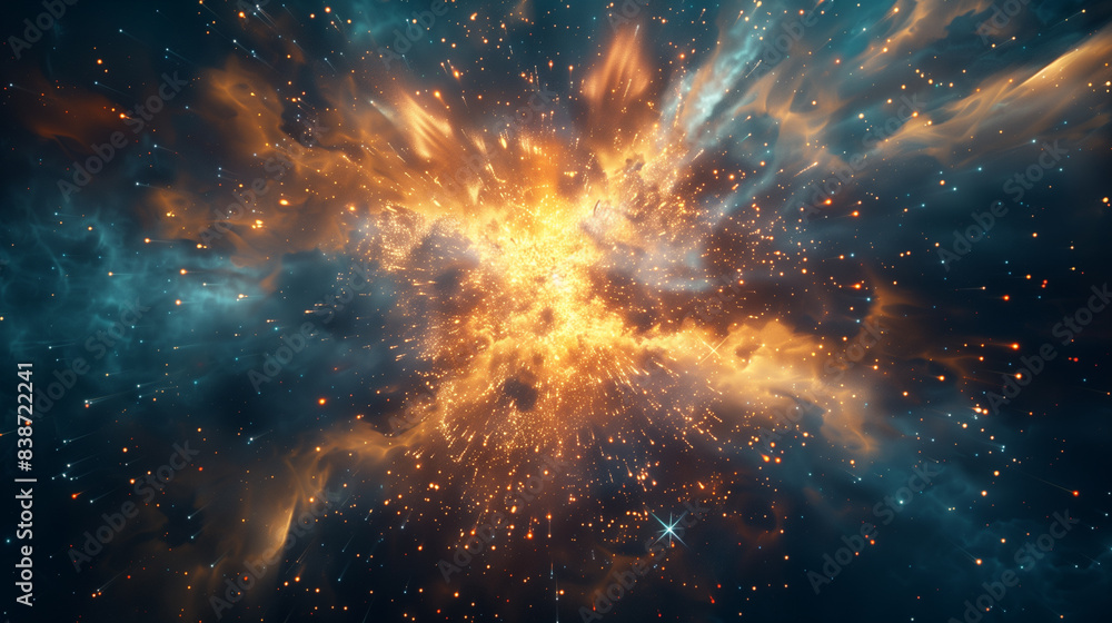 Fototapeta premium Particle explosions with bursts of light and swirling shapes.