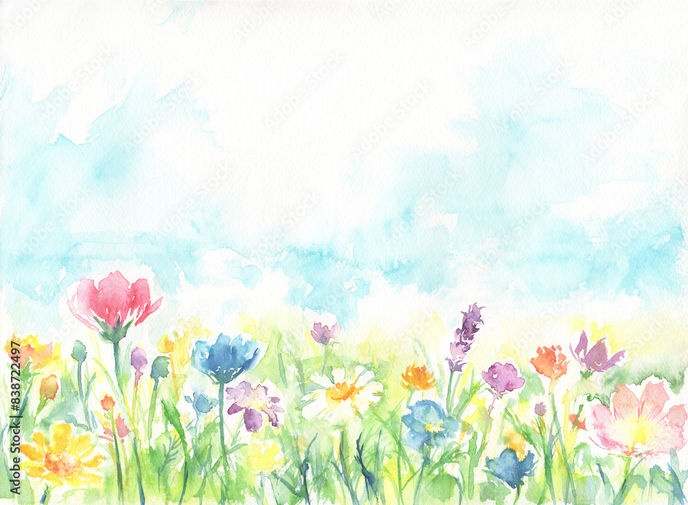 水彩で描いた花畑の背景イラスト 水彩で描いた花畑の背景イラスト