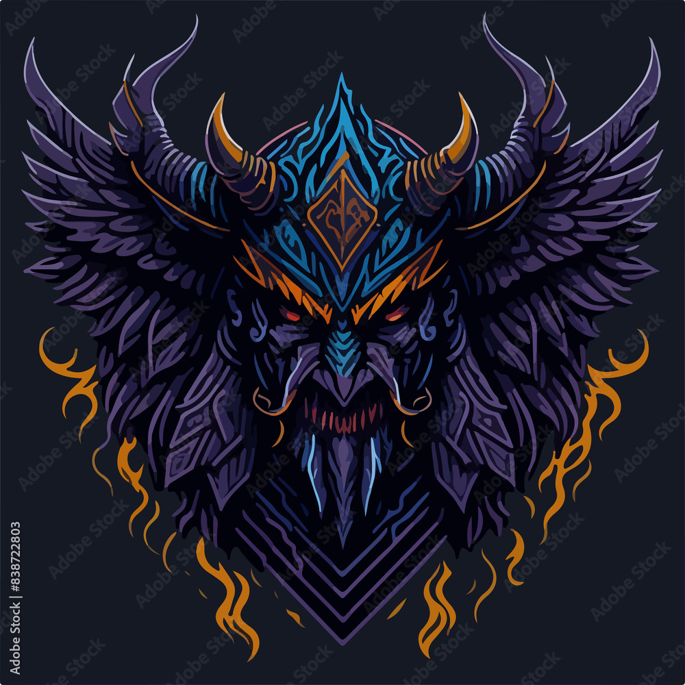 Fototapeta premium Undead ancient winged demon warlord covered with ironclad armor