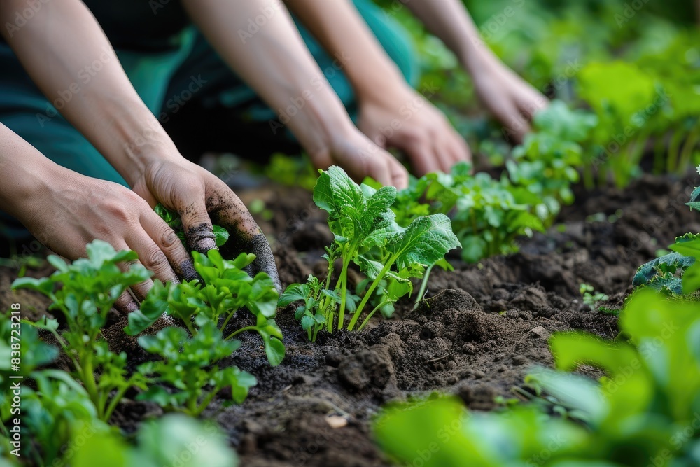 Hands of people planting young saplings in fertile soil, highlighting teamwork and sustainable gardening practices. Hands of people planting young saplings in fertile soil, highlighting teamwork and sustainable gardening practices.