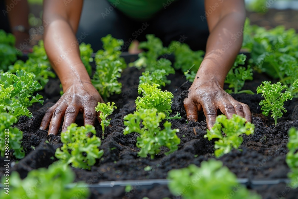 Hands working in a garden, planting young vegetable seedlings in the rich soil, promoting healthy growth and sustainable agriculture. Hands working in a garden, planting young vegetable seedlings in the rich soil, promoting healthy growth and sustainable agriculture.