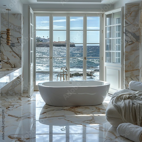 luxury all white Spanish villa in the Mediterranean with sea views from house interior master bathroom 