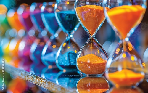 Dynamic photo of several hourglasses with brightly colored sands, highlighting the glass details and flowing sands, representing various time frames against a well-lit, neutral background