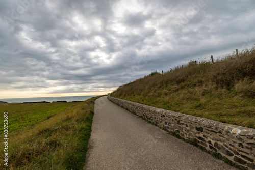 A scenic coastal pathway under a dramatic sky with ocean in the background  providing a serene view