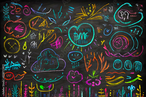 Colorful Chalk Smudges and Drawings on a Realistic Black Chalkboard Background