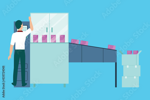 A boy is packing medicines into cartons.