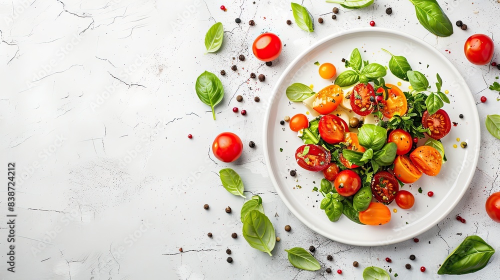 A delicious grilled chicken salad with cherry tomatoes, spinach, and arugula, served on a white plate with a textured background.. A delicious grilled chicken salad with cherry tomatoes, spinach, and arugula, served on a white plate with a textured background..