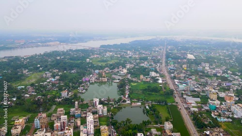 Aerial establisher city Barisal in Bangladesh, concept smog pollution in Asia photo