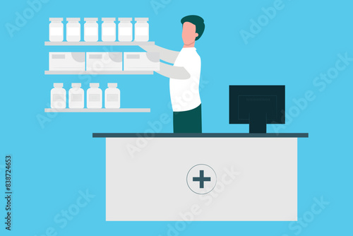 The boy is arranging medicines at the pharmacy.