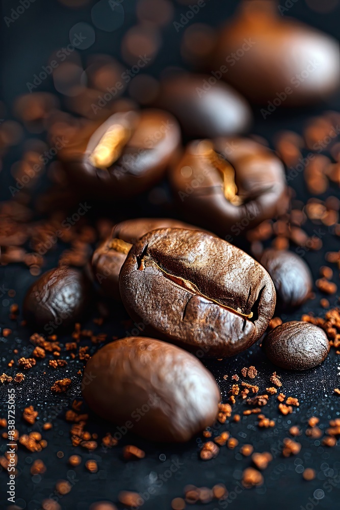 Macro shot of roasted coffee beans, showcasing their texture and rich brown color, ideal for coffee lovers and baristas.. Macro shot of roasted coffee beans, showcasing their texture and rich brown color, ideal for coffee lovers and baristas..