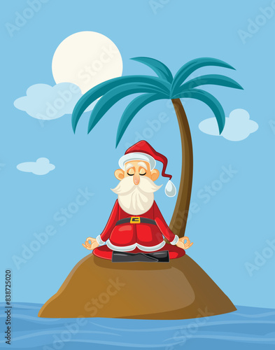 Funny Santa Sitting on a Desert Island Vector Cartoon. Calm meditating Santa relaxing far in a tropical natural paradise 
