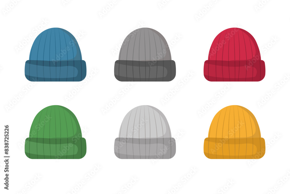 Knit beanie hat vector set, collection of winter cap in several color variations, flat design illustration Knit beanie hat vector set, collection of winter cap in several color variations, flat design illustration