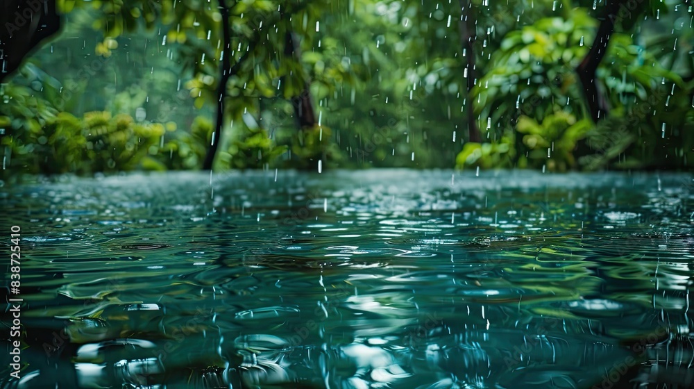 Raindrops create ripples on a tranquil forest pond, surrounded by lush green foliage and trees.. Raindrops create ripples on a tranquil forest pond, surrounded by lush green foliage and trees..