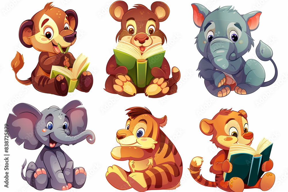Fototapeta premium cartoon characters cute animals reading books white background