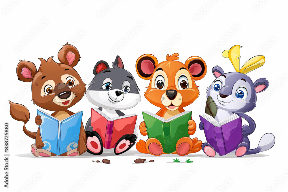 cartoon characters cute animals reading books white background cartoon characters cute animals reading books white background