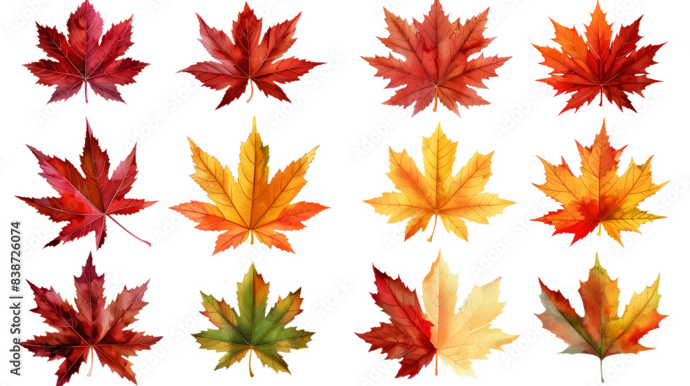 Watercolor painting of various autumn leaves in shades of red, orange, yellow, and green Watercolor painting of various autumn leaves in shades of red, orange, yellow, and green
