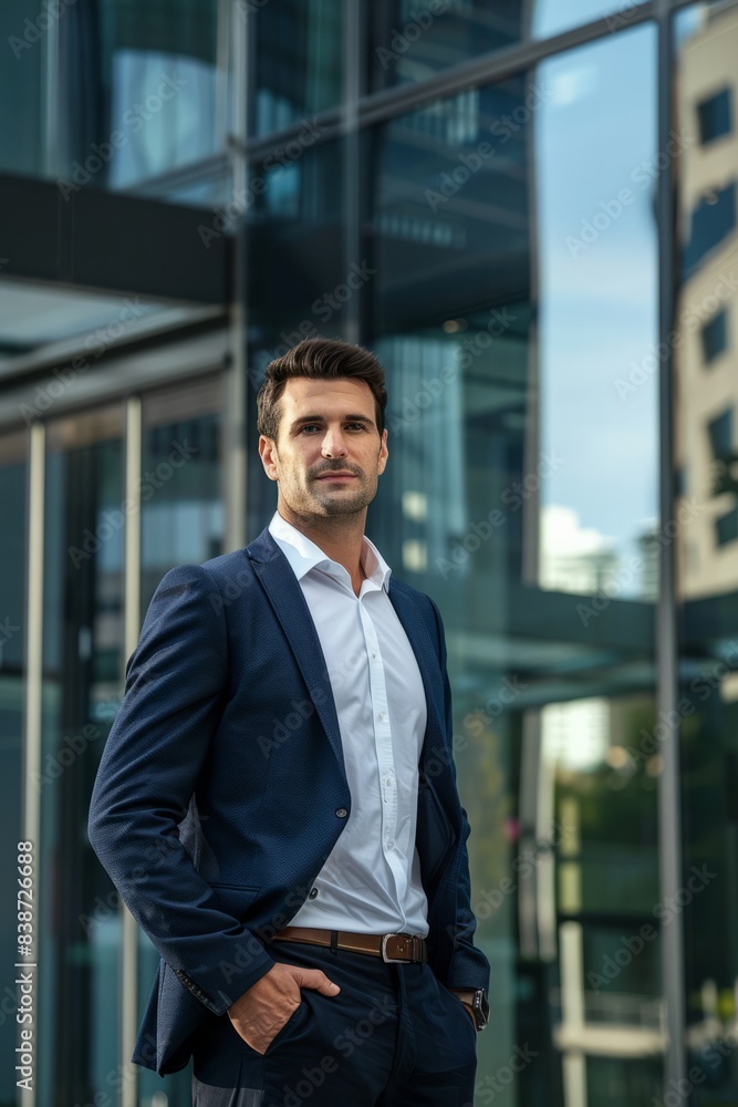 Professional Photography of a CEO standing confidently in front of the company headquarters, Generative AI Professional Photography of a CEO standing confidently in front of the company headquarters, Generative AI