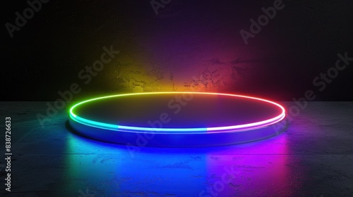 A 3D glowing rainbow neon light product display podium set against a dark background, featuring a tech-style rainbow colorful pedestal showcase suitable for technology products. © Sompoch