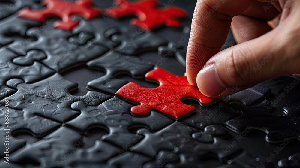 A close-up image of a hand placing the final piece into a black and red puzzle, symbolizing completion and achievement.. A close-up image of a hand placing the final piece into a black and red puzzle, symbolizing completion and achievement..