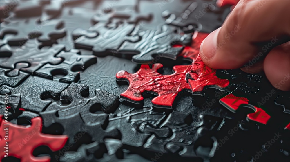 A close-up image of a hand placing the final piece into a black and red puzzle, symbolizing completion and achievement.. A close-up image of a hand placing the final piece into a black and red puzzle, symbolizing completion and achievement..