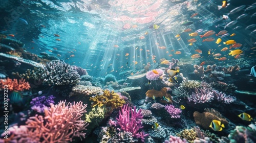 Highlight the underwater environment where submarine cables are installed, showcasing colorful coral reefs and diverse marine life coexisting alongside advanced artificial intelligence (AI).