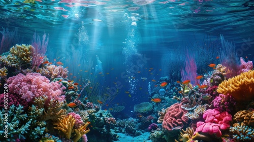 Highlight the underwater environment where submarine cables are installed  showcasing colorful coral reefs and diverse marine life coexisting alongside advanced artificial intelligence  AI .