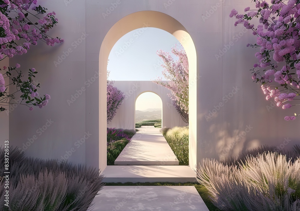 Obraz premium An arched wall with stairs leading to an open space, arches and flowers in the foreground, light beige walls, a natural landscape background