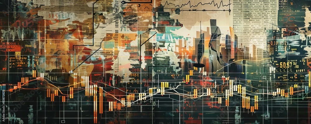 Collage of a volatile market with erratic stock movements, investor anxiety, and economic disruption symbols
