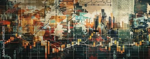 Collage of a volatile market with erratic stock movements  investor anxiety  and economic disruption symbols