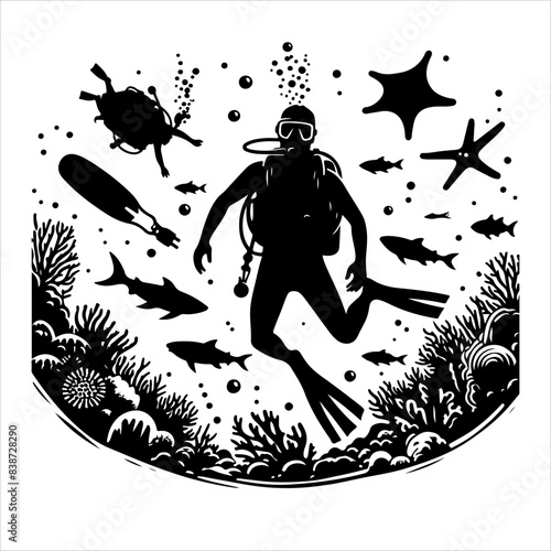 Scuba diving silhouette vector. Scuba diving icon set. Included the icons as underwater, scuba diver, mask, fins, regulator, wetsuit, and more.