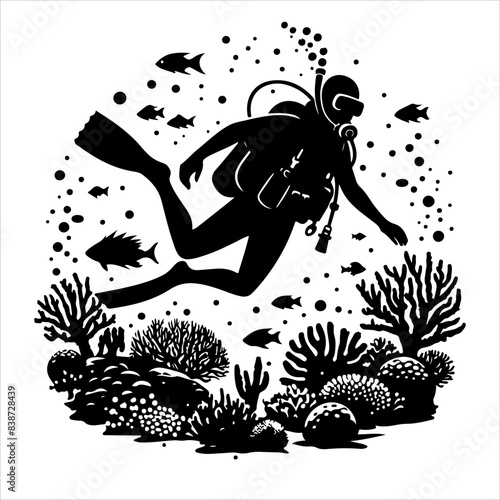 Scuba diving silhouette vector. Scuba diving icon set. Included the icons as underwater, scuba diver, mask, fins, regulator, wetsuit, and more.