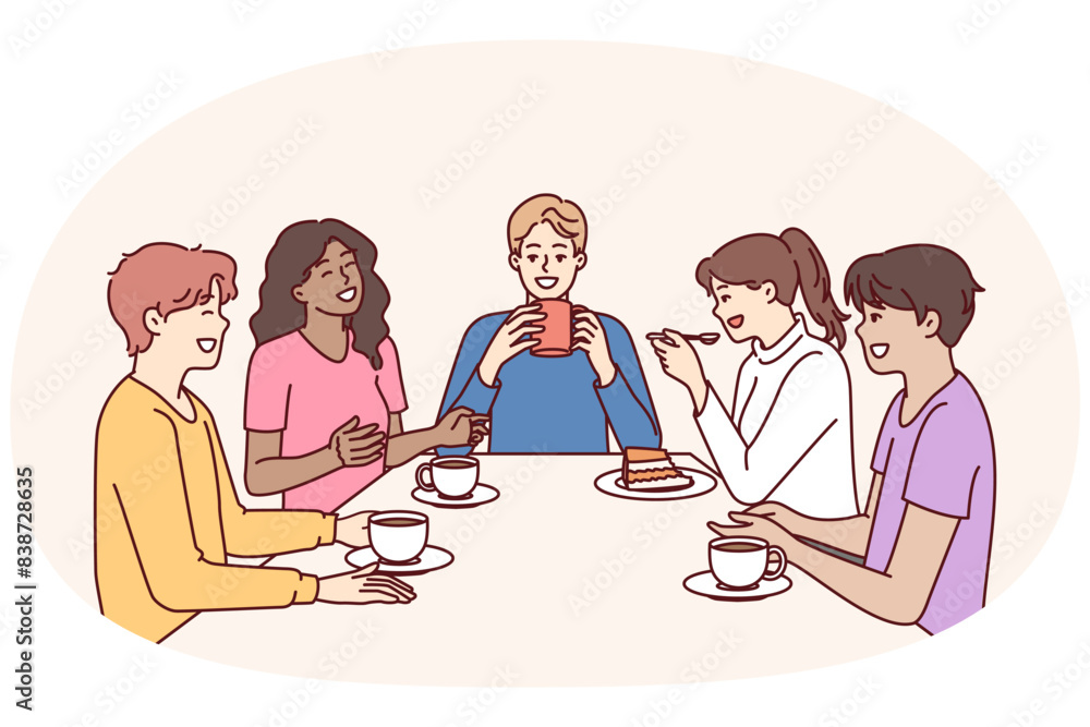 Group of multiethnic colleagues drink coffee sitting at table during break and laugh telling funny jokes. Happy people in casual wear relaxing enjoying socializing and meeting with school friends Group of multiethnic colleagues drink coffee sitting at table during break and laugh telling funny jokes. Happy people in casual wear relaxing enjoying socializing and meeting with school friends