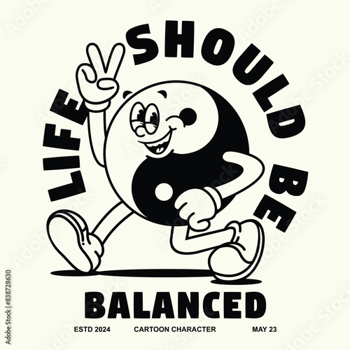 Funny cartoon character of yin yang. Can be used as Sticker, posters, prints. Retro cartoon style. Vector illustration
