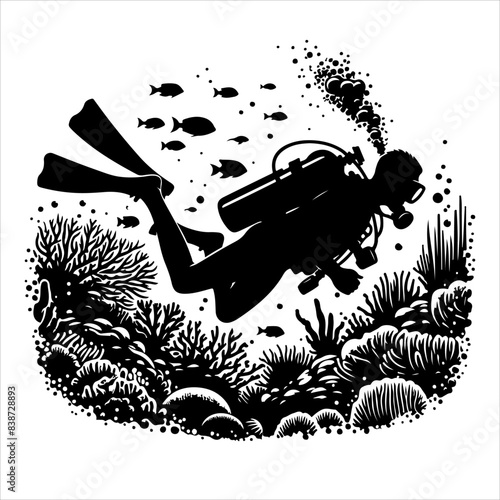 Scuba diving silhouette vector. Scuba diving icon set. Included the icons as underwater, scuba diver, mask, fins, regulator, wetsuit, and more.