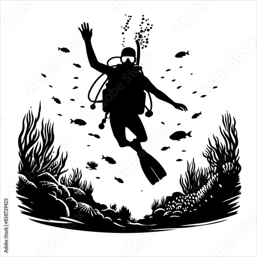 Scuba diving silhouette vector. Scuba diving icon set. Included the icons as underwater, scuba diver, mask, fins, regulator, wetsuit, and more.