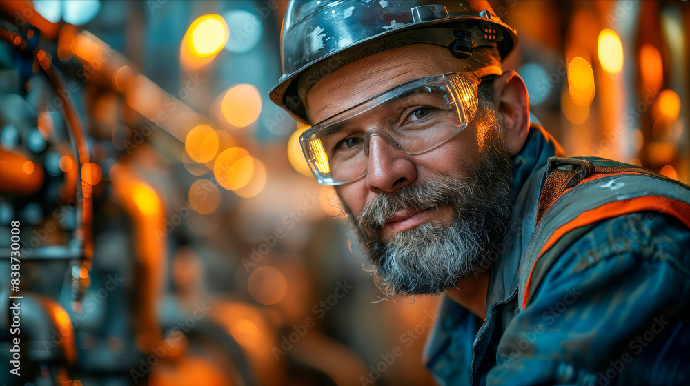A man in a hard hat and glasses looking at the camera. A man in a hard hat and glasses looking at the camera.