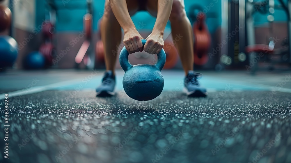 Naklejka premium Woman Training with Kettlebell in Gym