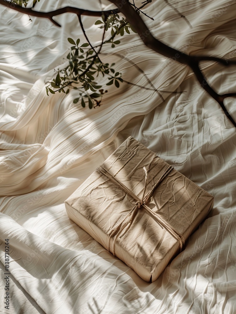 A gift wrapped in brown paper and twine lies on a bed with crumpled white sheets, illuminated by soft sunlight.. A gift wrapped in brown paper and twine lies on a bed with crumpled white sheets, illuminated by soft sunlight..