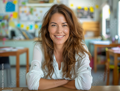 A smiling woman sitting at a desk in a classroom.