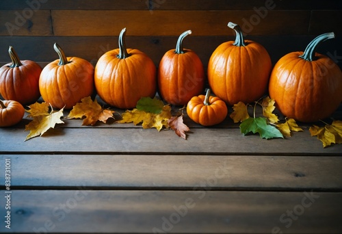 Autumn Harvest: Rustic Wooden Plank Background with Assorted Orange Pumpkins and Seasonal Leaves