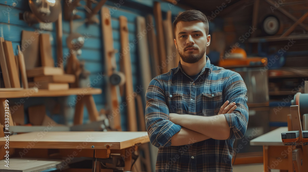 A man standing in a workshop with his arms crossed. A man standing in a workshop with his arms crossed.