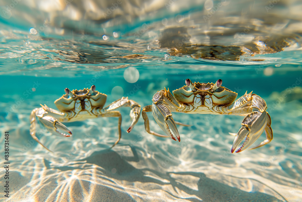 Two Curious Crabs in Crystal Clear Waters. Two Curious Crabs in Crystal Clear Waters.
