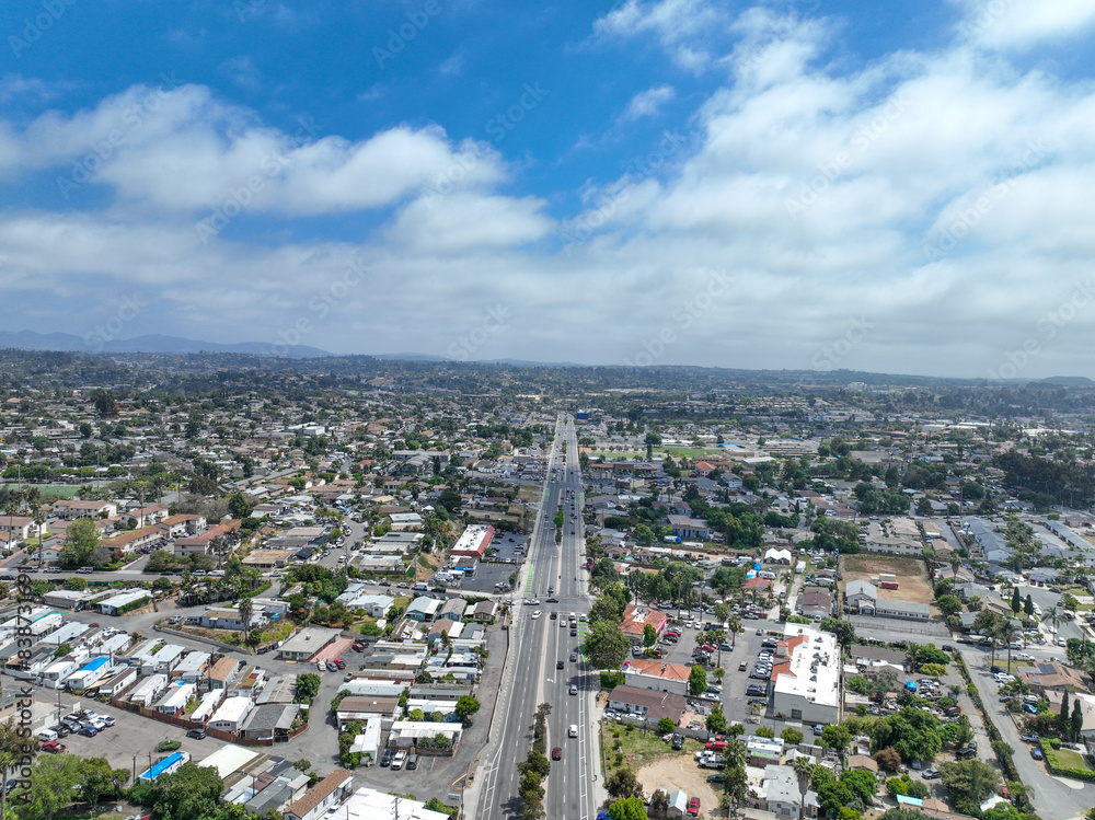 Aerial view of houses and communities in Vista, Carlsbad in North County of San Diego, California. USA.