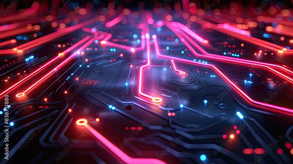 Obraz premium Dynamic abstract image of red and blue light trails representing high-speed data transfer in a digital network..