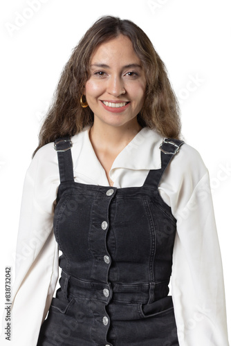 Smiling young woman with friendly expression looking at the camera on transparent background