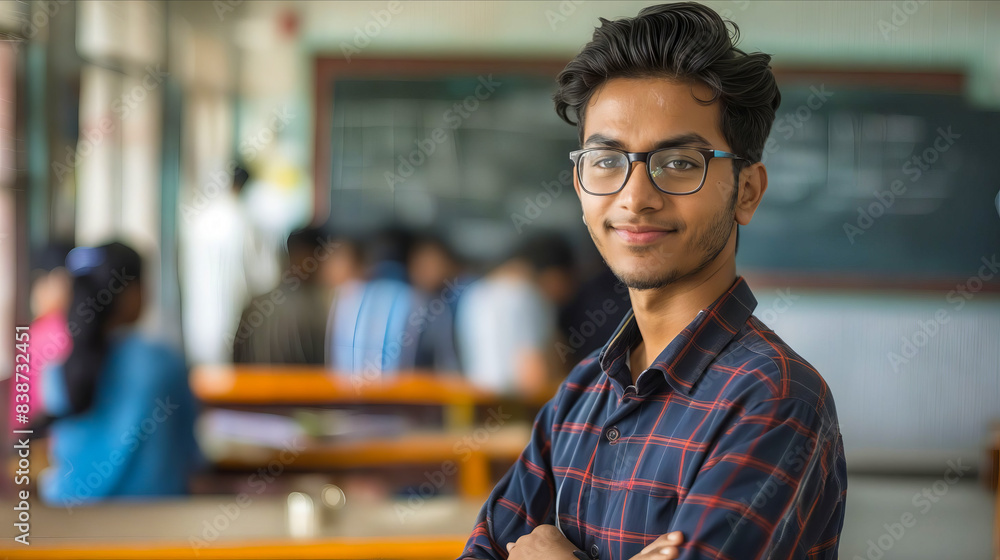 Obraz premium A young man in glasses standing in a classroom.