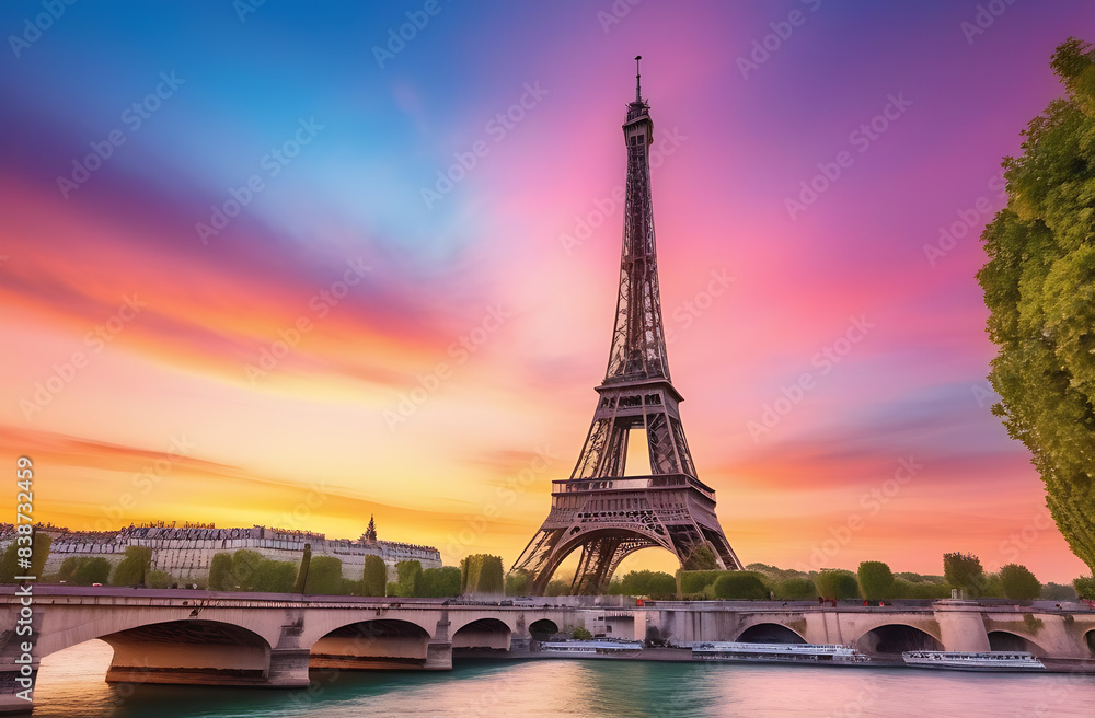 Naklejka premium A beautiful pink sunset on the background of the Eiffel Tower. Beautiful background of Paris.